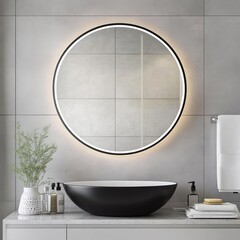 Wall Mural - Circular mirror with thin black frame and soft lighting in a gray bathroom, minimalist bathroom mirror, bold contrast