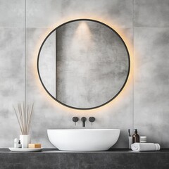 Wall Mural - Circular mirror with thin black frame and soft lighting in a gray bathroom, minimalist bathroom mirror, bold contrast