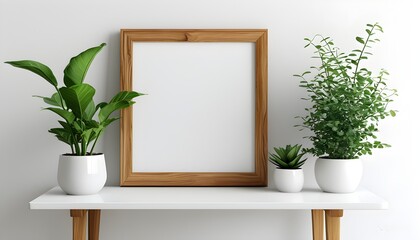 Wall Mural - Serene display of a wooden frame and potted plant on a minimalist white table with a clean white wall backdrop