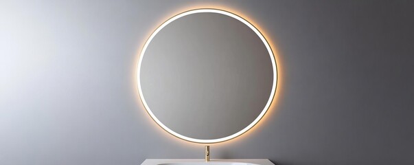 Wall Mural - Circular mirror with thin brass frame and soft lighting, minimalist bathroom mirror, modern luxury