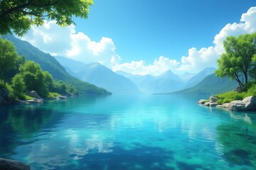 Tranquil mountain lake scenery with clear blue water and lush greenery.