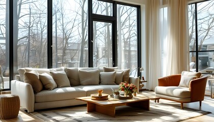 Wall Mural - Inviting bright living room featuring expansive windows with comfortable sofa, armchair, and stylish coffee table