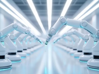 High-tech factory with precision robots and AI optimization, boosting production line efficiency