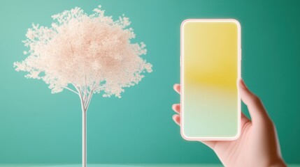 Wall Mural - A hand holding a smartphone, displaying a 3D object through AR, demonstrating its application in design and visualization.