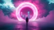 © MAY - A lone figure, silhouetted against a massive holographic billboard displaying a swirling neon cityscape, highlighting the contrast between individual and urban sprawl.