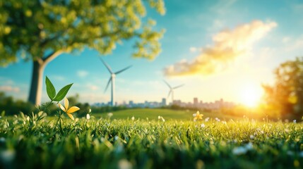 Wall Mural - A view of a wind farm powering a city, demonstrating the potential of clean energy technologies.