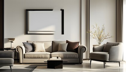 Wall Mural - Chic living room design featuring a stylish sofa, comfortable armchair, and an empty picture frame on a modern wall