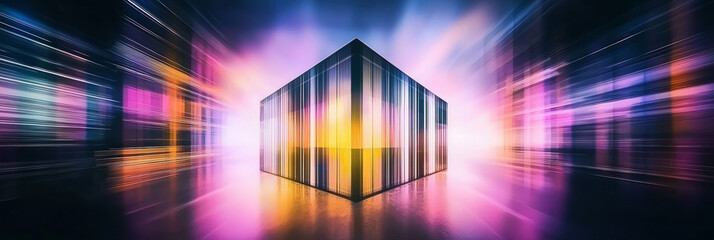 Wall Mural - A glowing cube in a colorful abstract space.