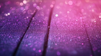 Wall Mural - a purple christmas background glitters are scattered on a wooden surface with purple glitter.