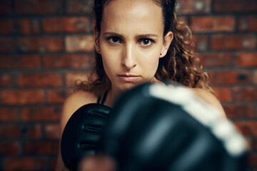 Sticker - Woman, fight and portrait with gloves in gym for competition training, boxer challenge and workout. Sport, athlete and punch for boxing match, defence and practice with exercise or fitness in Ukraine