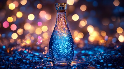 A shimmering bottle filled with blue liquid, surrounded by vibrant bokeh lights, creating a magical and enchanting atmosphere.