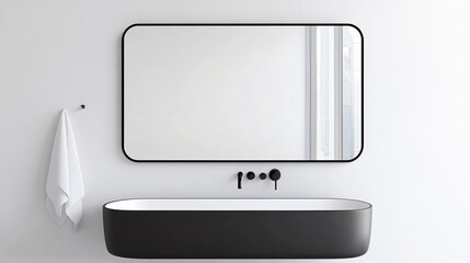 Large rectangular mirror with matte black frame in a minimalist bathroom, minimalist bathroom mirror, modern boldness