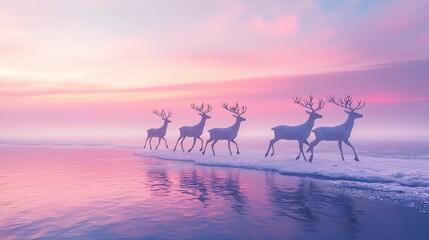 Majestic herd of reindeer gracefully crossing a frozen lake at sunset, with pink, purple, and blue skies reflecting in the water, evoking feelings of freedom and wonder for the holiday season