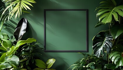 Wall Mural - Tropical-inspired black frame mockup against lush green wall with vibrant leaves