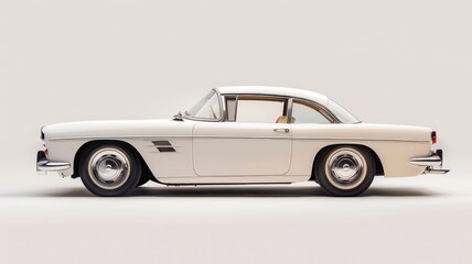 Naklejka na meble Side view of a vintage white coupe with a timeless design, showcasing its sleek lines, chrome details, and retro aesthetics.