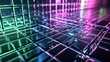 © Enigma - Metallic squares reflecting colorful neon lights creating a futuristic and abstract background with a shallow depth of field