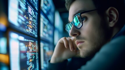 A programmer working late at night, focused on code displayed on multiple monitors.