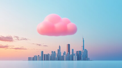 Canvas Print - A modern cityscape with a large cloud icon floating above, depicting the global reach and scalability of cloud infrastructure.