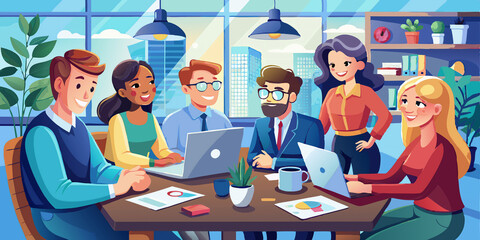 A group of business professionals is engaged in a work meeting around a conference table within an office setting. This team of enthusiastic young men and women is collaborating on marketing strategie