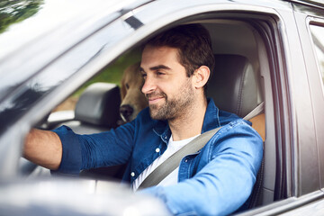 Wall Mural - Man, happy and dog in car for road trip, travel and holiday with bonding, connection and driving. Male person, smile and golden retriever in van for pet care, vacation and break on weekend with puppy