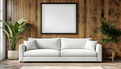 Wall Mural - Stylish living room interior showcasing a blank frame mockup, white sofa, greenery, and a warm wooden wall ambiance