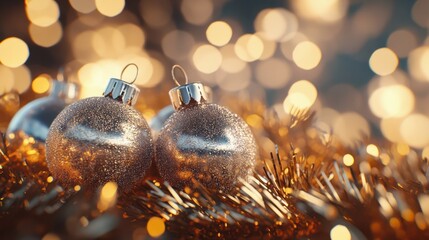 Wall Mural - silver and gold christmas ornaments in tinsel with festive bokeh background