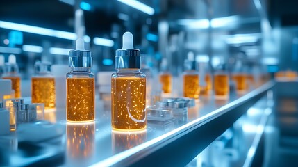 The image features several amber-colored bottles with droppers, displayed in a modern laboratory or beauty product setting.