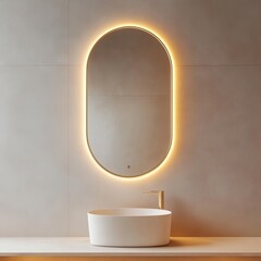 Wall Mural - Oval mirror with thin brass frame and soft lighting in a gray bathroom, minimalist bathroom mirror, modern warmth