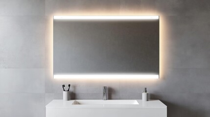 Wall Mural - Rectangular frameless mirror with soft lighting in a gray minimalist bathroom, minimalist bathroom mirror, sleek simplicity