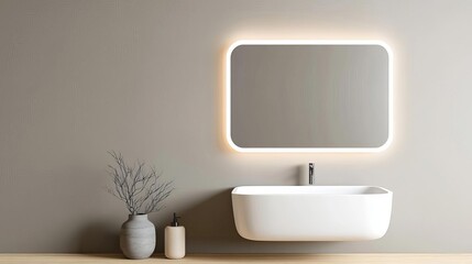 Wall Mural - Rectangular frameless mirror with soft lighting in a gray minimalist bathroom, minimalist bathroom mirror, sleek simplicity