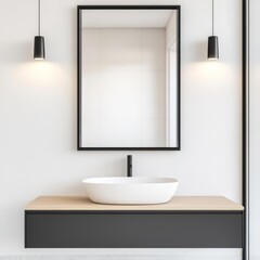 Wall Mural - Rectangular mirror with black frame and recessed lighting in a minimalist bathroom, minimalist bathroom mirror, sleek contrast