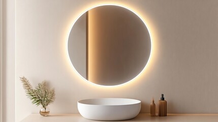 Wall Mural - Rectangular mirror with built-in LED lighting in a minimalist bathroom, minimalist bathroom mirror, modern sleek design