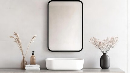 Wall Mural - Rectangular mirror with thin black frame in a minimalist bathroom, minimalist bathroom mirror, modern boldness