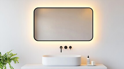 Wall Mural - Rectangular mirror with thin black frame and built-in lighting, minimalist bathroom mirror, sleek modern contrast