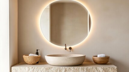 Wall Mural - Round frameless mirror with built-in lighting above a stone sink, minimalist bathroom mirror, modern simplicity