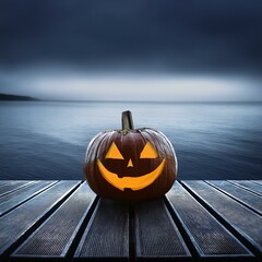 One spooky halloween pumpkin, Jack O Lantern, with an evil face and eyes on a wooden bench, table with a misty gray coastal night background with space for product placement.