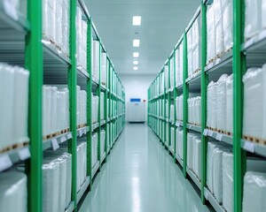 Warehouse with large refrigeration units storing dairy products, neatly arranged for distribution