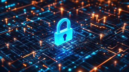 futuristic cyber security concept with a glowing blue digital lock protecting a stream of binary code surrounded by abstract network connections