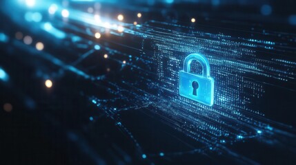 futuristic cyber security concept with a glowing blue digital lock protecting a stream of binary code surrounded by abstract network connections