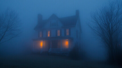 Wall Mural - eerie fog enveloping a haunted house at night