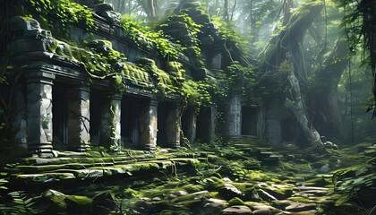 Mysterious ancient temple engulfed by lush jungle, adorned with overgrown vines and moss, exuding an enchanting aura of history and natures embrace