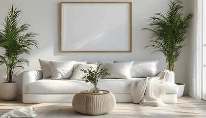 Wall Mural - Cozy beach house living room filled with natural light, featuring white sofas, decorative pillows, lush plants, and an oversized empty frame on the wall