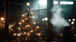 © Enigma - Metallic christmas tree with gears and cogs is standing in the middle of an industrial factory, glowing with warm light and surrounded by smoke