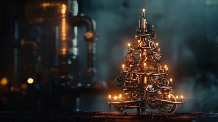 Canvas Print - Crafted from gears and cogs, a steampunk christmas tree glows in a dark workshop, blending magic with mechanics for a festive and enchanting scene. Ideal for cards or backgrounds