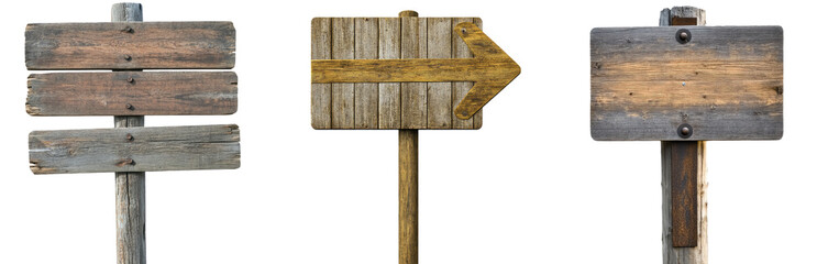 Wooden road sign set of 3, isolated Png, transparent without background.