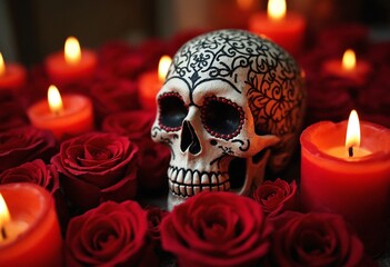 Sticker - Sugar skull with detailed patterns among red roses, illuminated by numerous candles