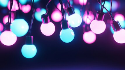 Colorful glowing light bulbs on a wire, creating a festive atmosphere in the dark. Perfect for parties, events, or romantic evenings. Ideal for celebrations like valentine's day or weddings