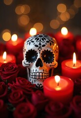 Aufkleber - Sugar skull with detailed patterns among red roses, illuminated by numerous candles