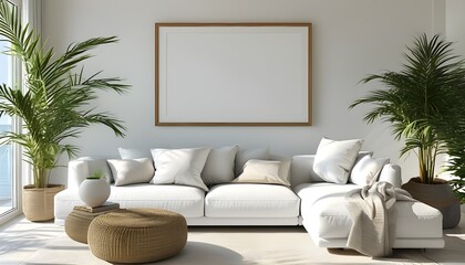 Wall Mural - Cozy beach house living room filled with natural light, featuring white sofas, decorative pillows, lush plants, and an oversized empty frame on the wall