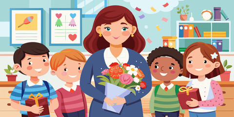 A joyful school experience is captured in a portrait featuring first-grade students alongside their female teacher on the inaugural day of school. The woman, holding a bouquet of flowers